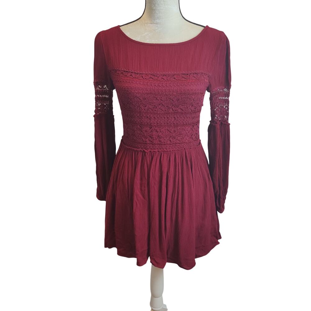 Free People Women's Sz 4 Maroon Lace Inset Gauzy Mini Dress Long Sleeve